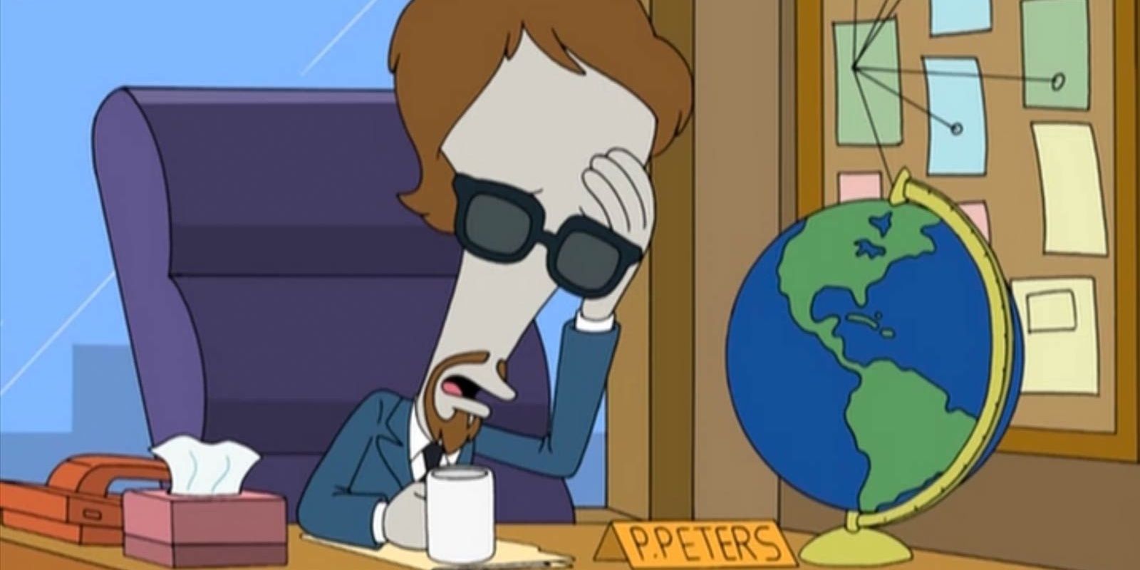 Roger grimaces while hungover at work in American Dad