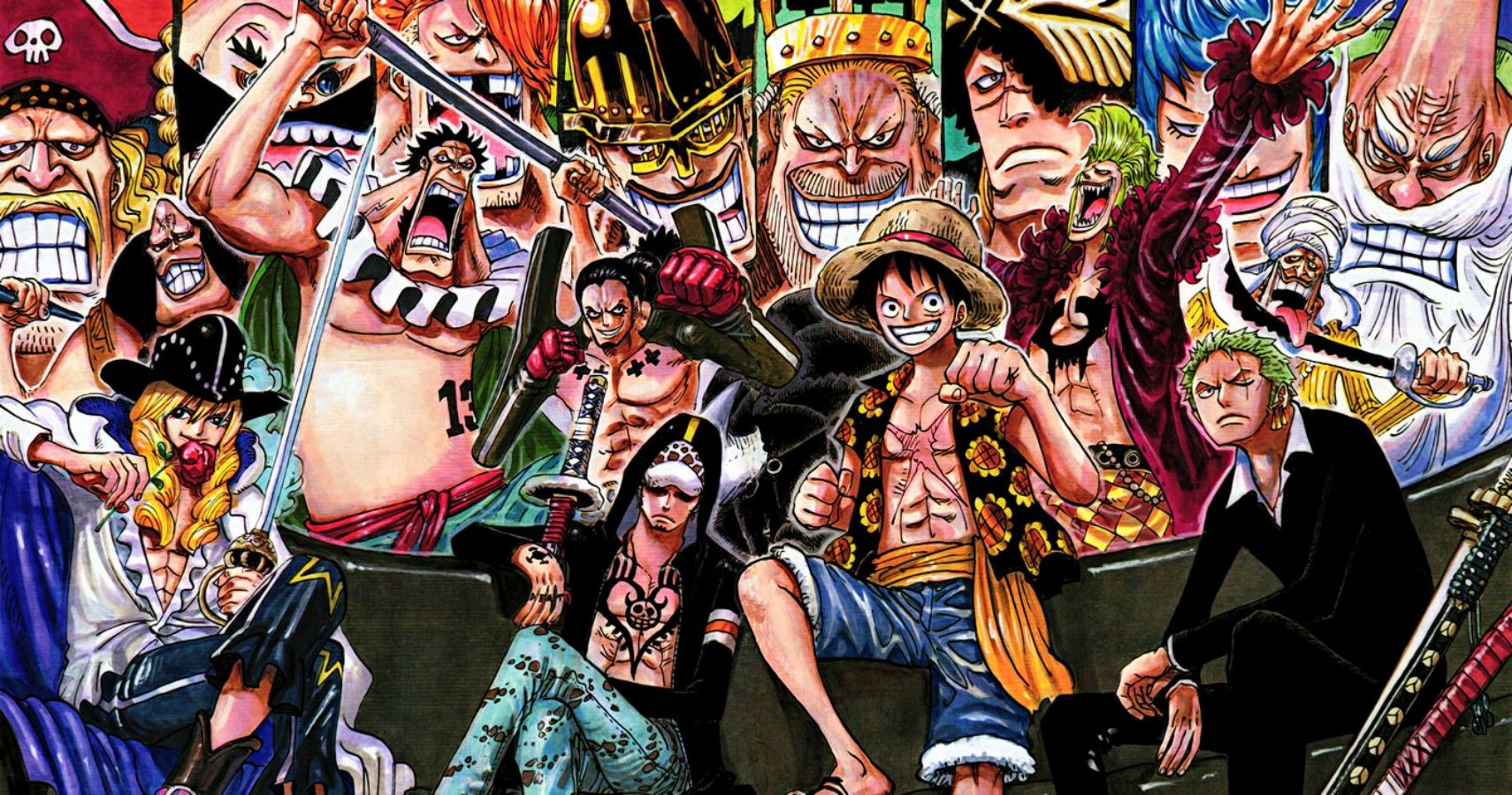 Luffy surrounded by the seven captains of the Straw Hat Grand Fleet and the enemies they face.