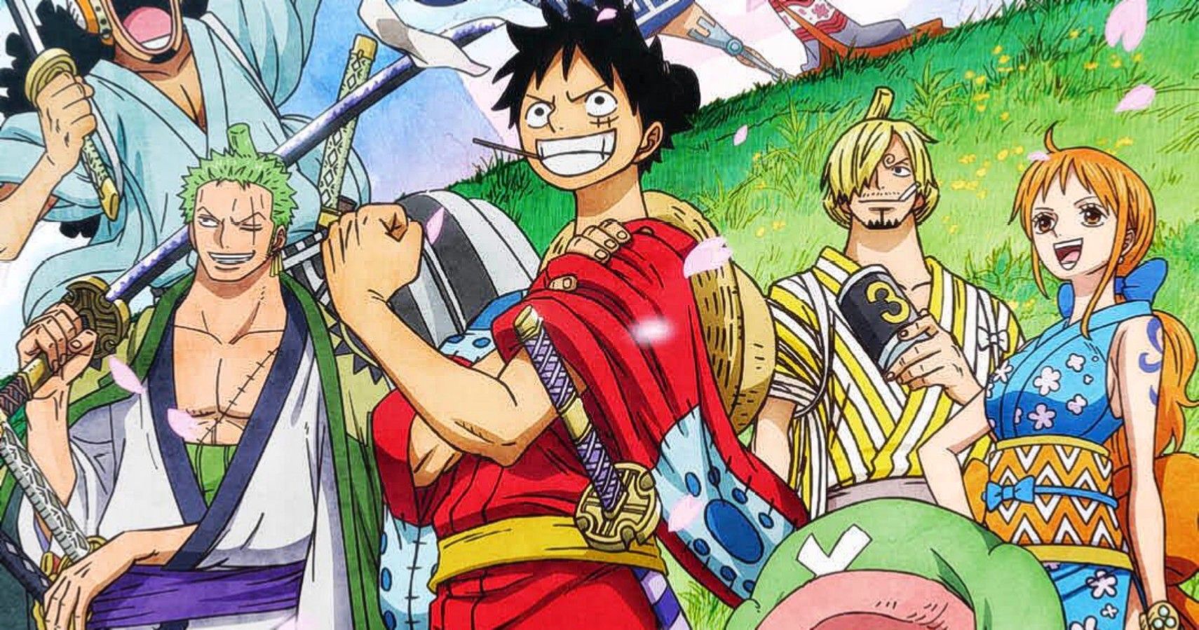 Luffy flexing his muscle in front of the Straw Hats in One Piece's Wano Country Arc.
