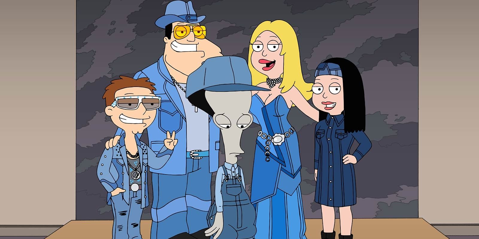 Roger glumly poses in a family photo with the Smiths in American Dad