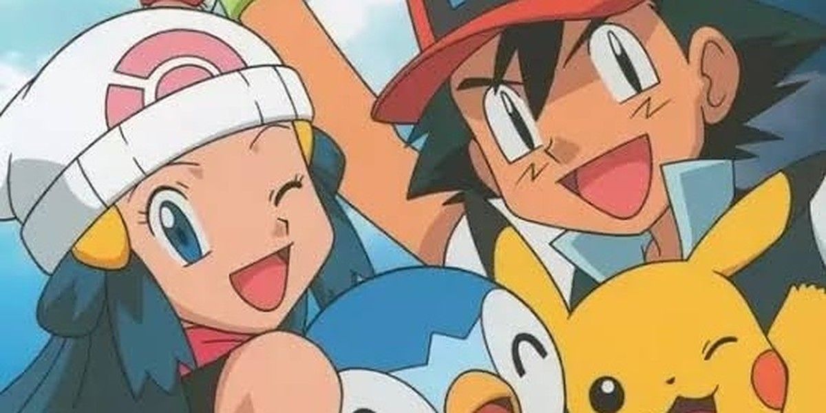 Ash and Dawn play and laugh with Pikachu and Piplup in Pokémon.