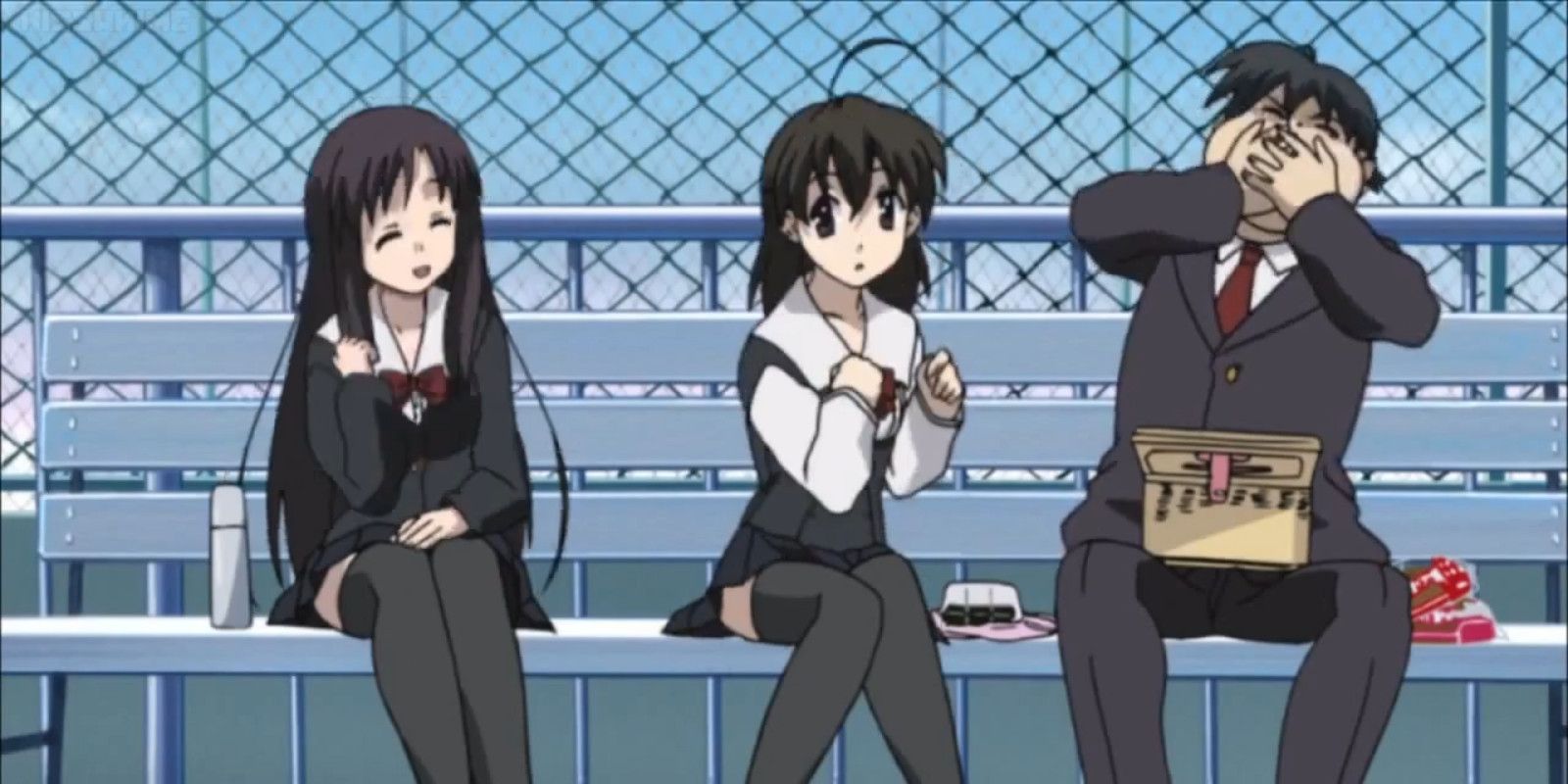 Makoto, Kotonoha, and Sekai have an awkward lunch in School Days