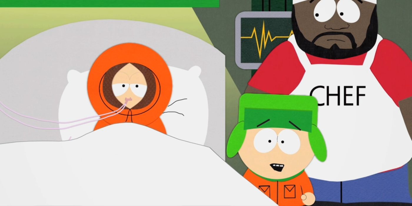 Kenny sits in a hospital bed while Kyle and Chef visit