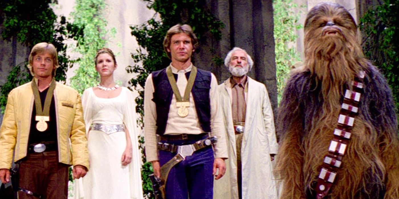The heroism of Luke Skywalker, Han Solo and Chewbacca are recognized in Star Wars: A New Hope