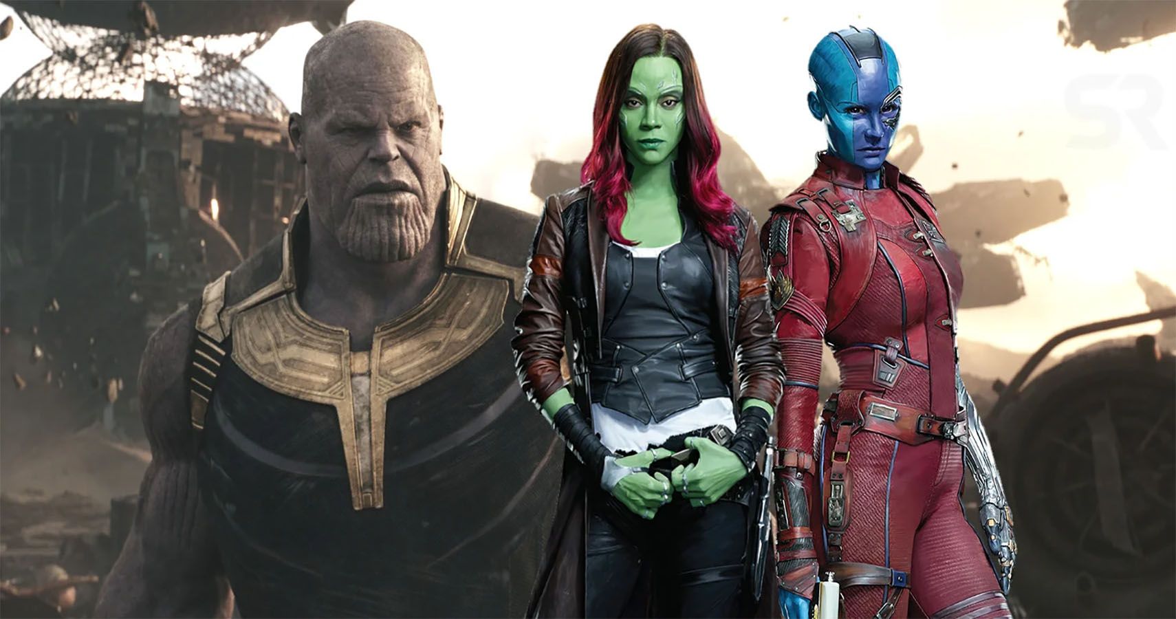 Gamora and Nebula super imposed over Thanos