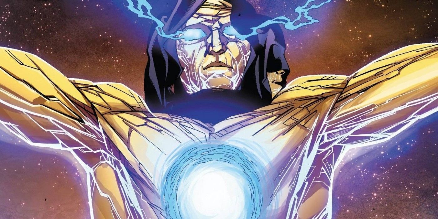 The Living Tribunal from Marvel Comics holds out his arms as blue electric bolts blast from his eyes