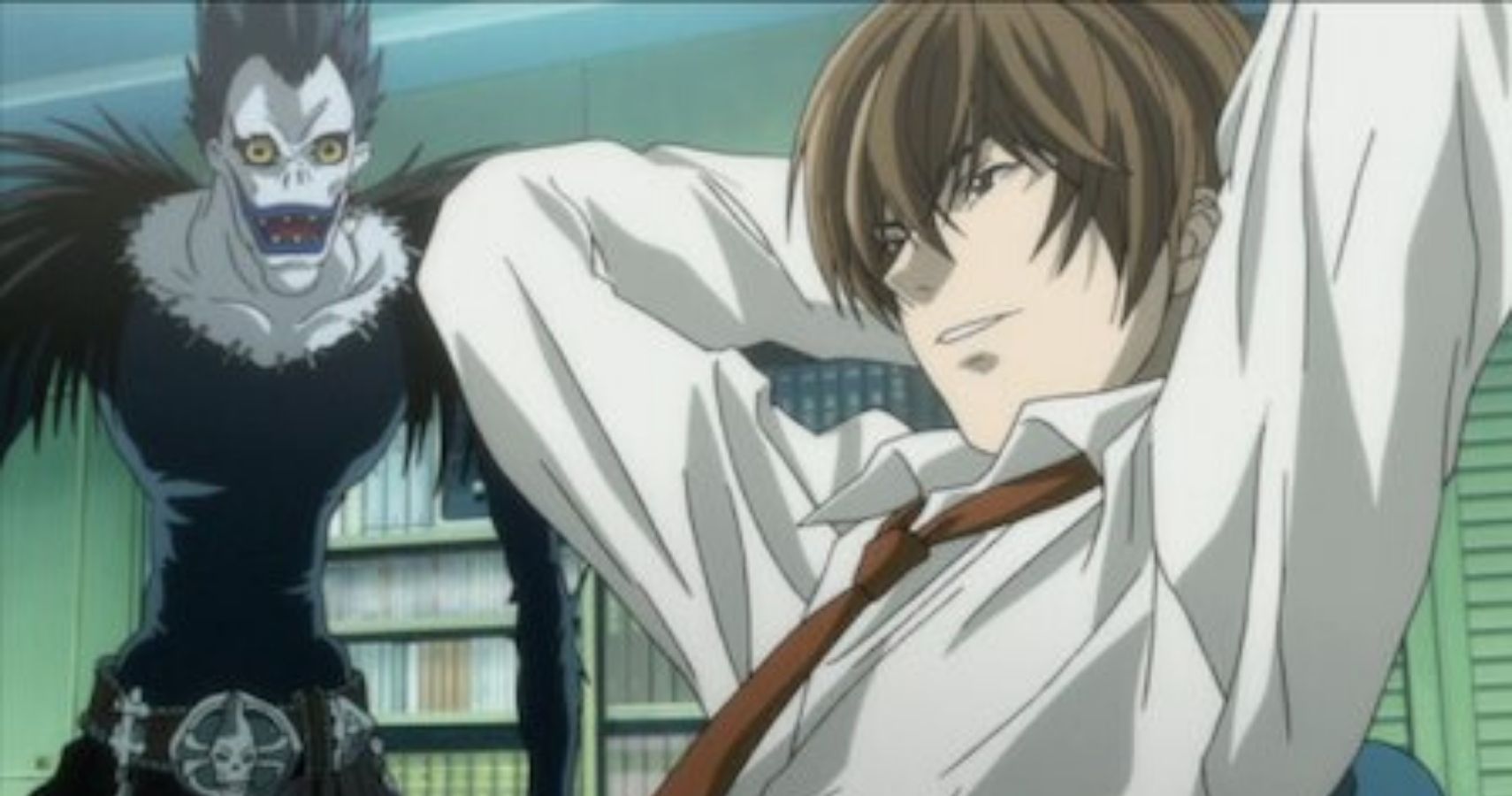 Ryuk grinning behind a scheming Light Yagami.