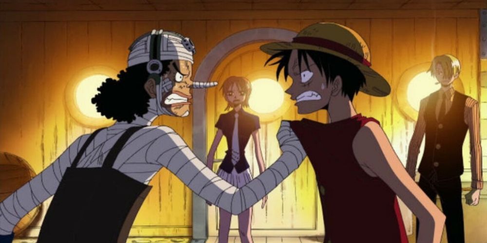 Usopp and Monkey D. Luffy, two members of the Straw Hat Pirates, arguing as Nami and Sanji watch during One Piece's Water 7 Arc