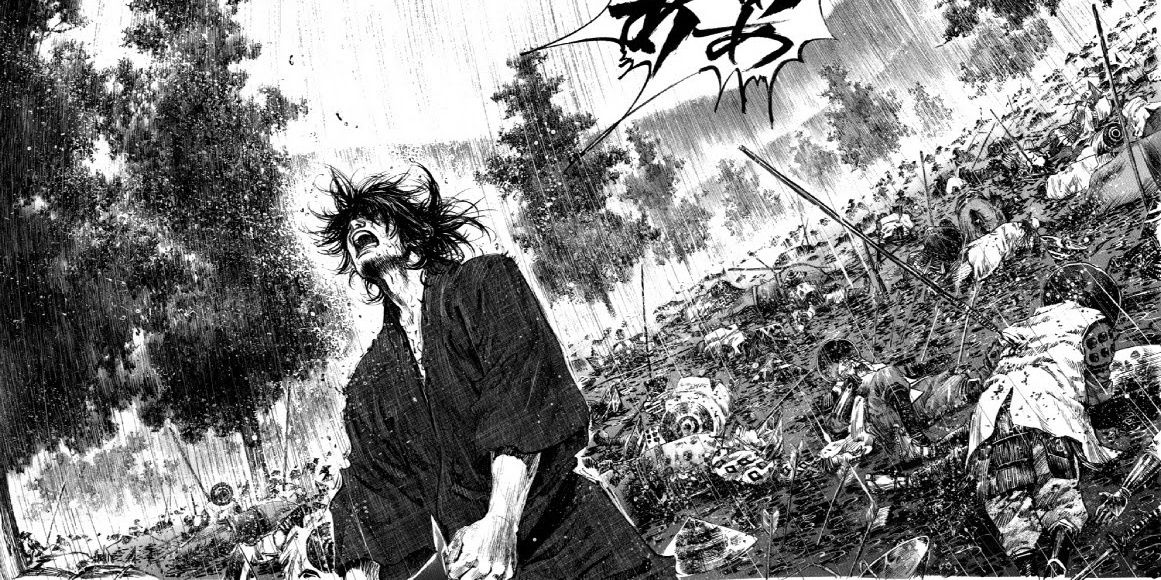 Miyamoto Musashi, the legendary samurai, depicted on the field of battle in the iconic manga, Vagabond