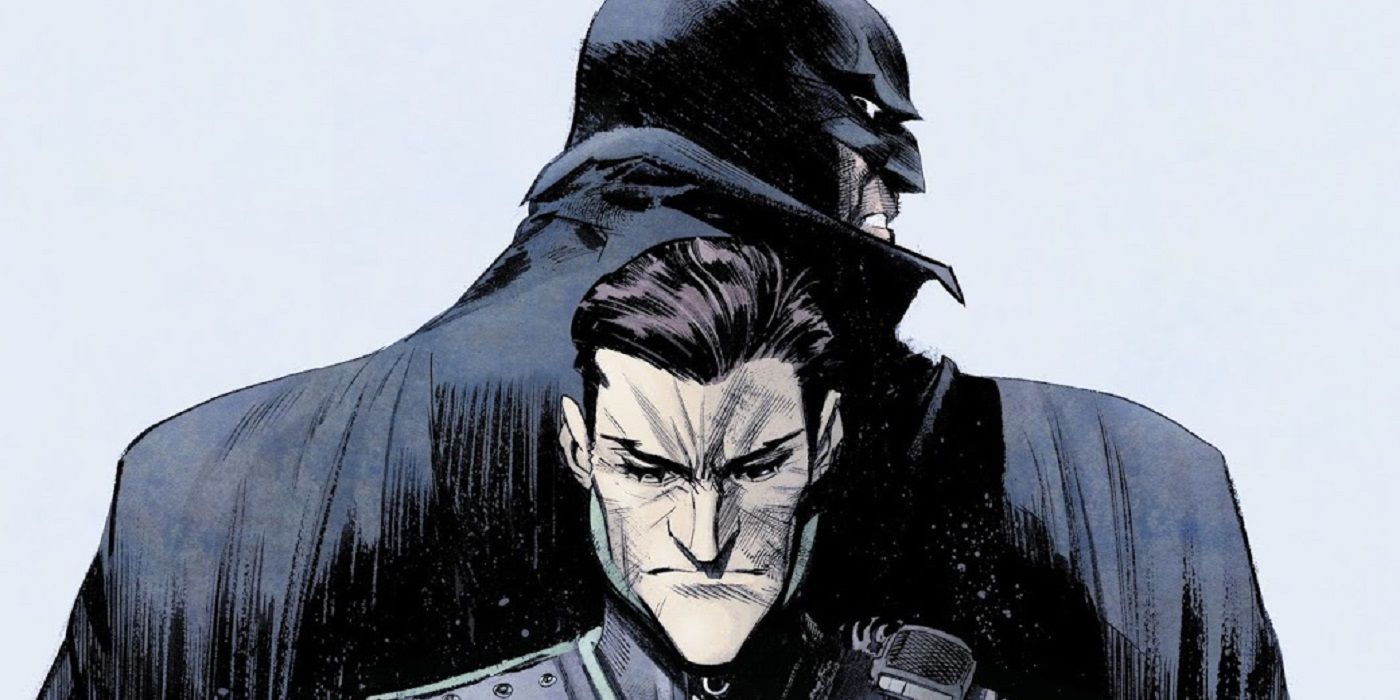 Batman: White Knight back to back with a frowning Joker in DC Comics