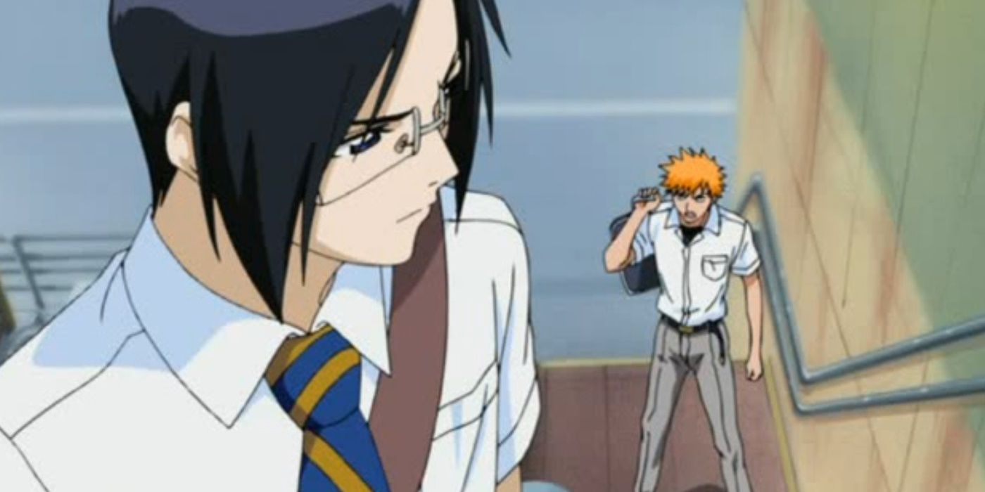 Ichigo and Uryu Ishida facing each other at school in Bleach.