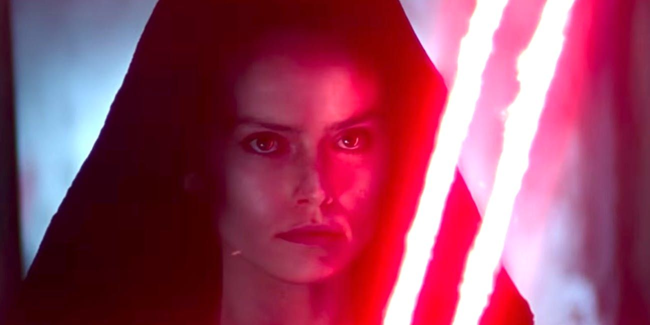 an image of dark side rey wearing a hood with a red saber