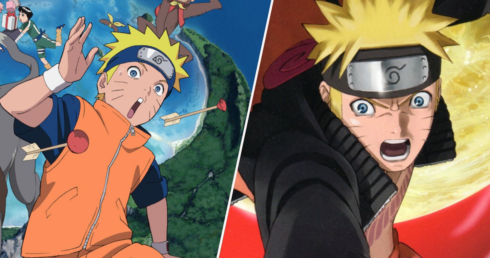 Naruto dodging arrows on the left, with an older Naruto attacking on the right