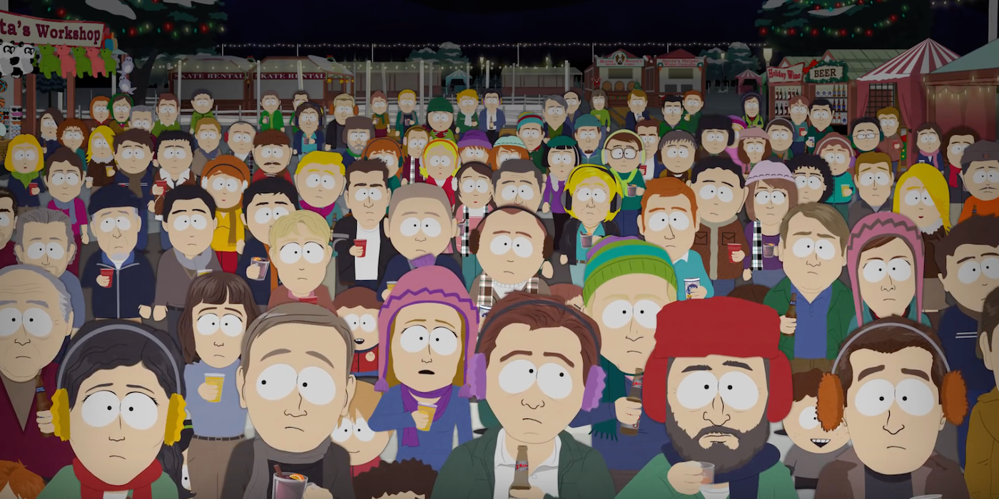 The citizens of South Park assemble at the Christmas fair