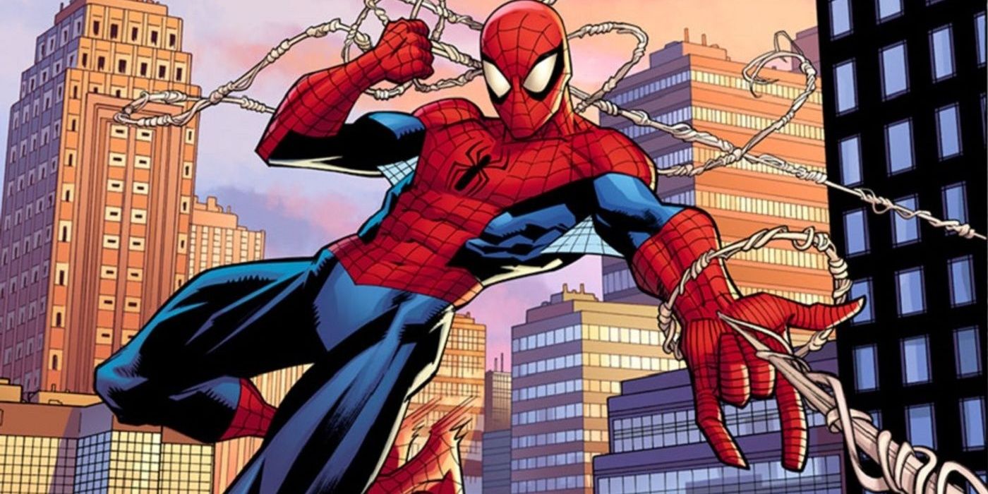 An image of Spider-Man swinging through New York City in Marvel Comics