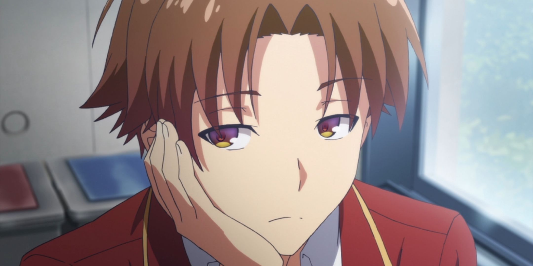 Kiyotaka Ayanokouji in Classroom of the Elite sitting by the window in class with a bored expression