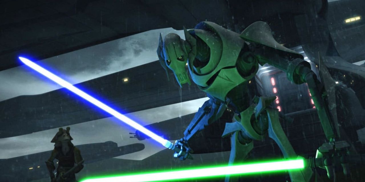 General Grievous wielding a pair of lightsabers in Star Wars: The Clone Wars