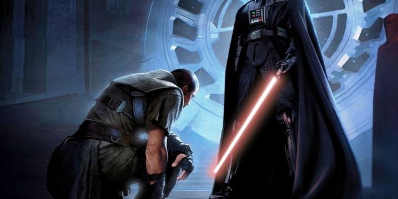 Galen Marek Starkiller kneeling at Darth Vader's feet in Star Wars: The Force Unleashed