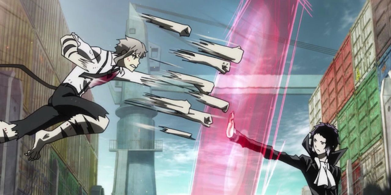 bungou stray dogs punching a red barrier