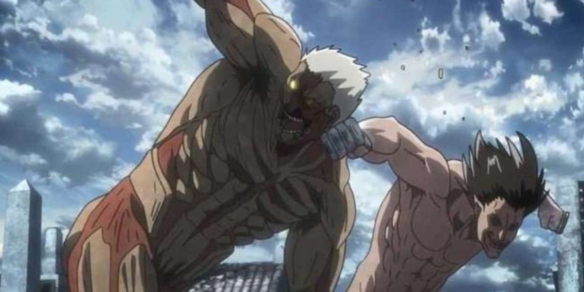 Two Titans from Attack on Titan fighting it out