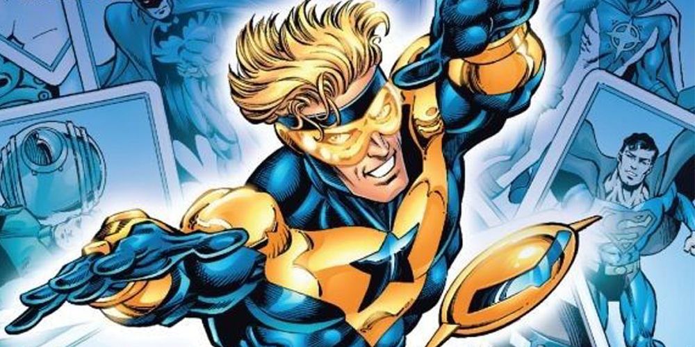 Booster Gold flying in front of DC hero photos