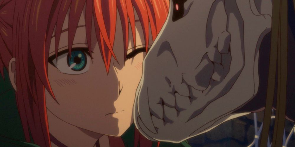 Elias nuzzling his skull against Chise’s cheek from The Ancient Magus’ Bride.