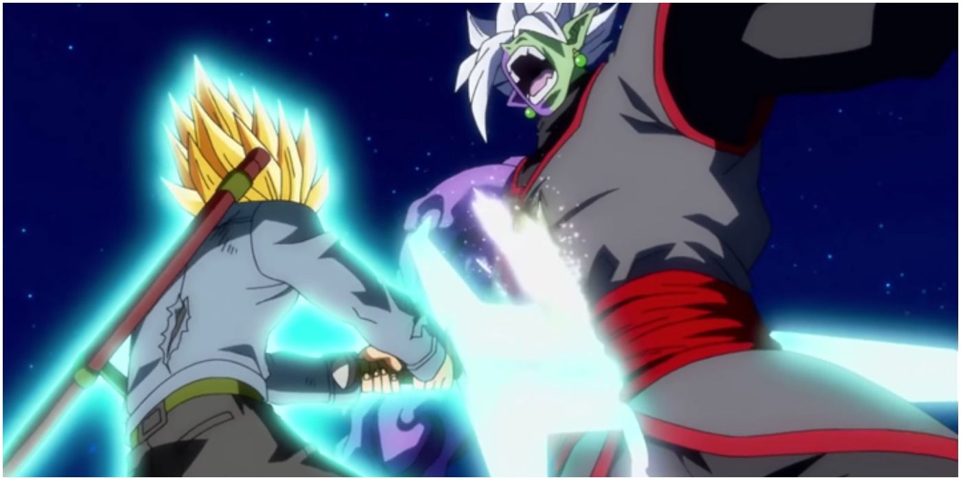 Future Trunks uses Sword of Hope to slice Fused Zamasu in Dragon Ball Super.