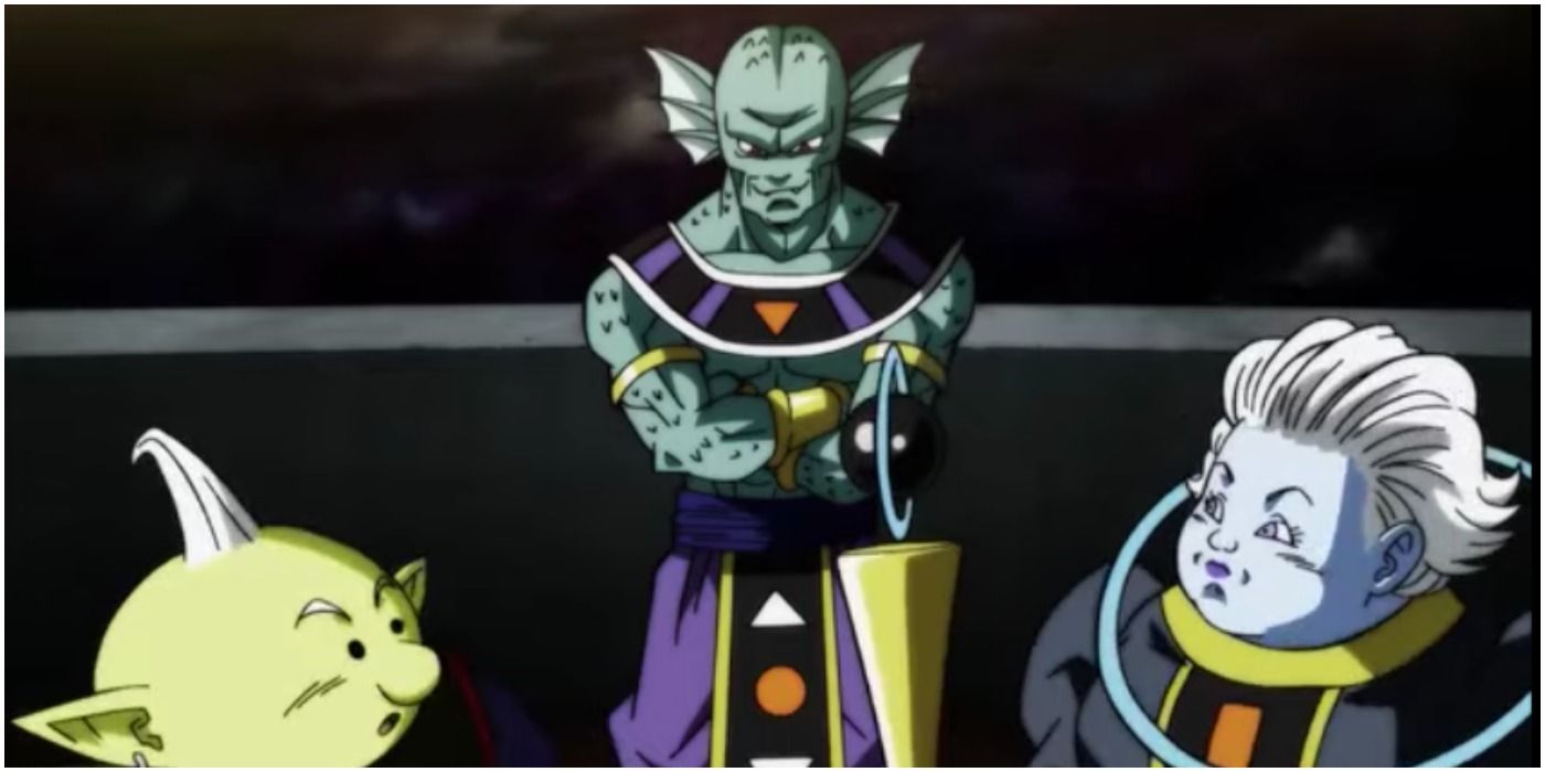 Universe 12's God of Destruction Giin confers with his Angel in Dragon Ball Super