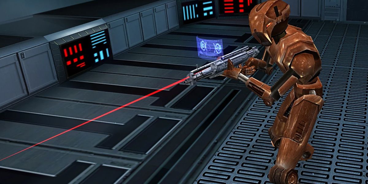 HK-47 aiming a blaster rifle in Star Wars: Knights of the Old Republic