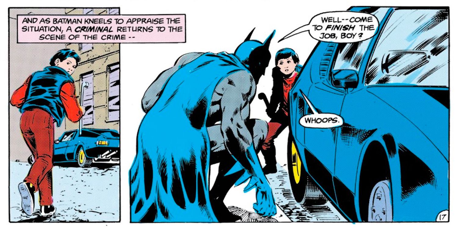 Batman finds Jason Todd trying to steal his tires