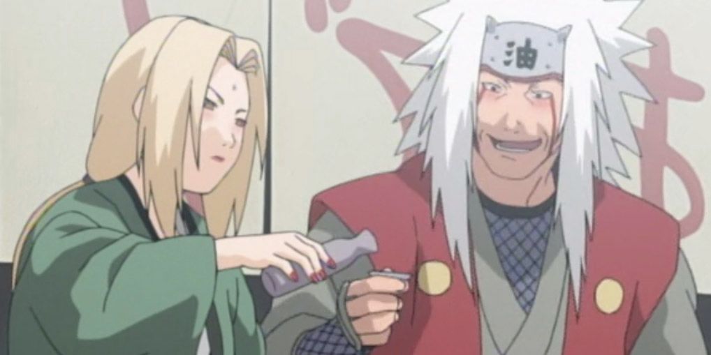 Jiraiya and Lady Tsunade drinking from Naruto Shippuden.