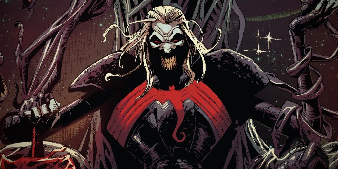 Marvel Comics' Knull smiling maliciously on his dark throne