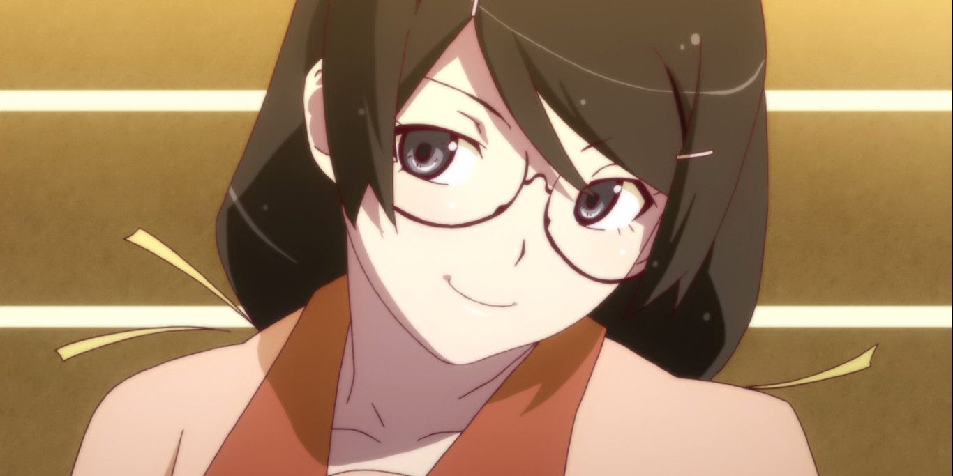 Tsubasa Hanekawa smiling and wearing glasses (The Monogatari Series).