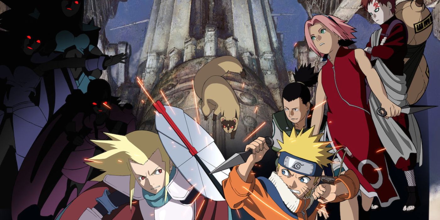 Naruto battling an enemy while Sakura, Shikamaru and Gaara stand ready behind him