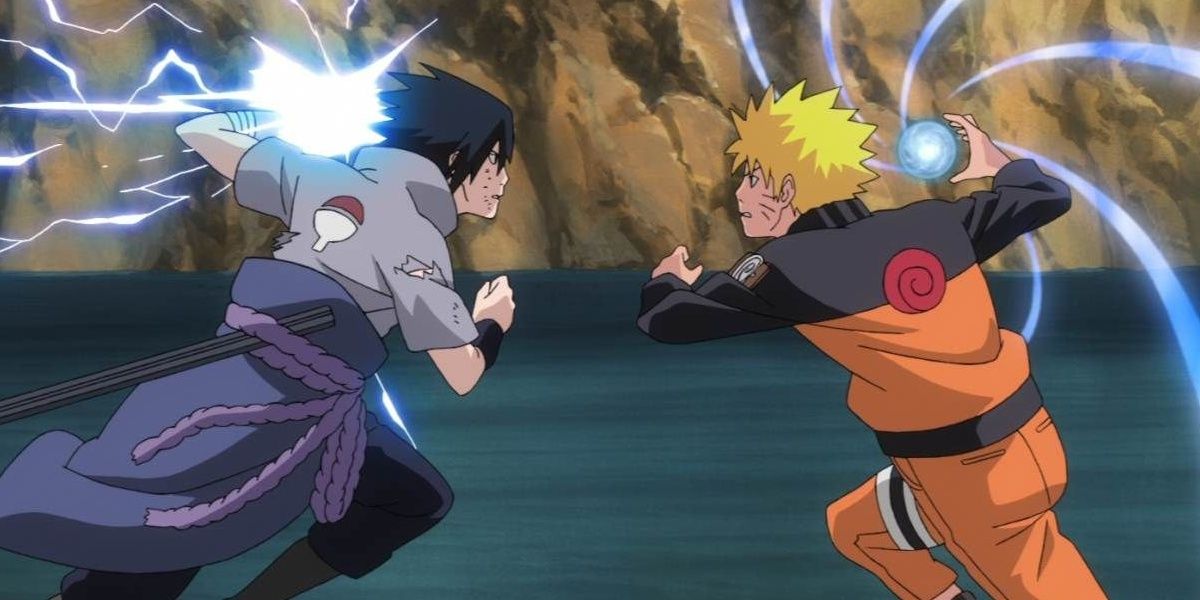 Naruto fights Sasuke in Naruto.