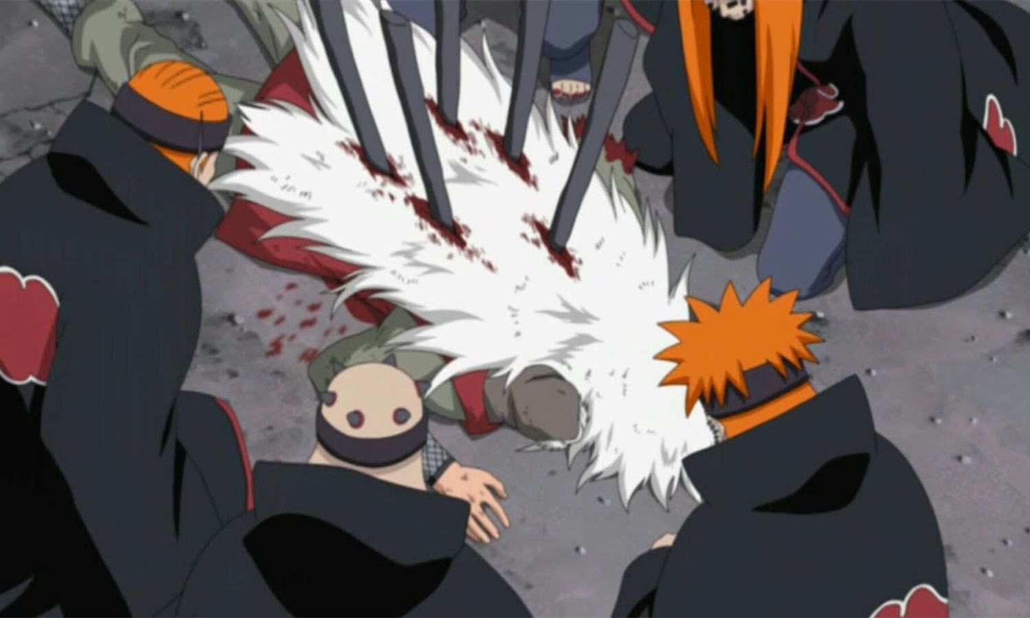 The six paths of Pain standing over an almost deceased jiraiya in naruto: shippuden