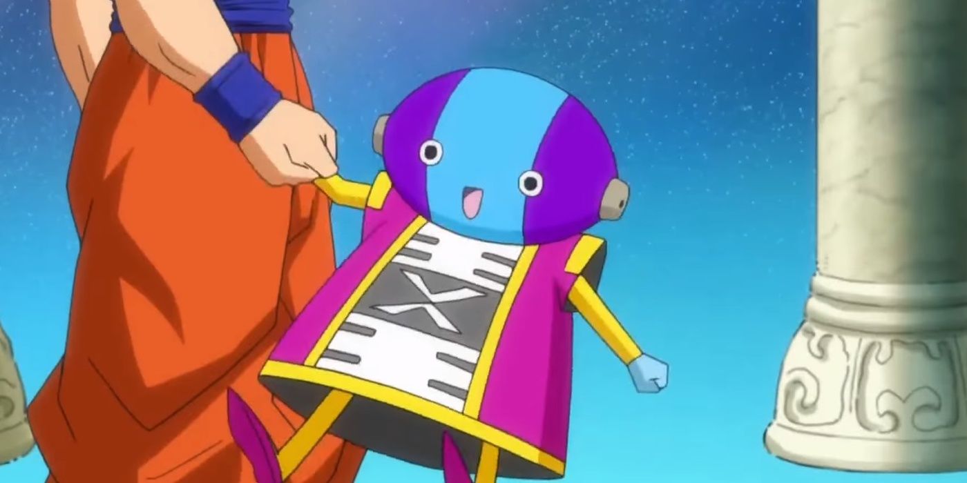 Zeno playfully gets dragged by Goku in Dragon Ball Super