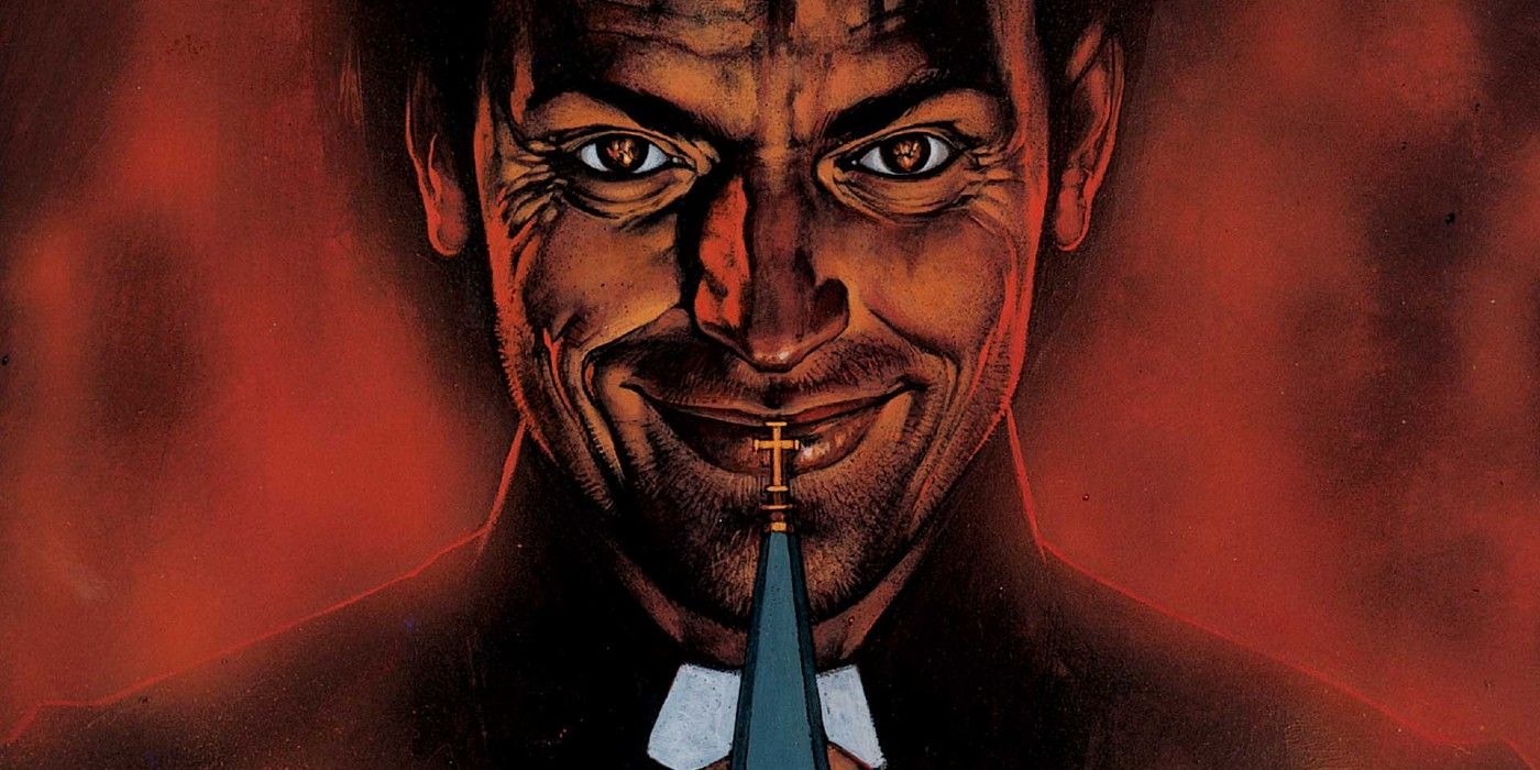 Jesse Custer grinning behind his church in Preacher