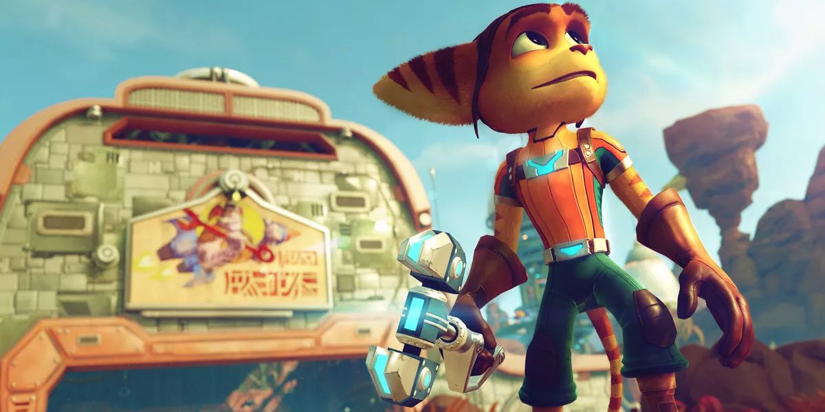 Ratchet looks toward the sky while holding a weapon in The Ratchet and Clank for PS4