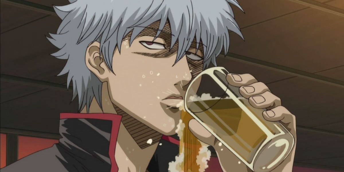 Gintoki spilling his drink in Gintama.