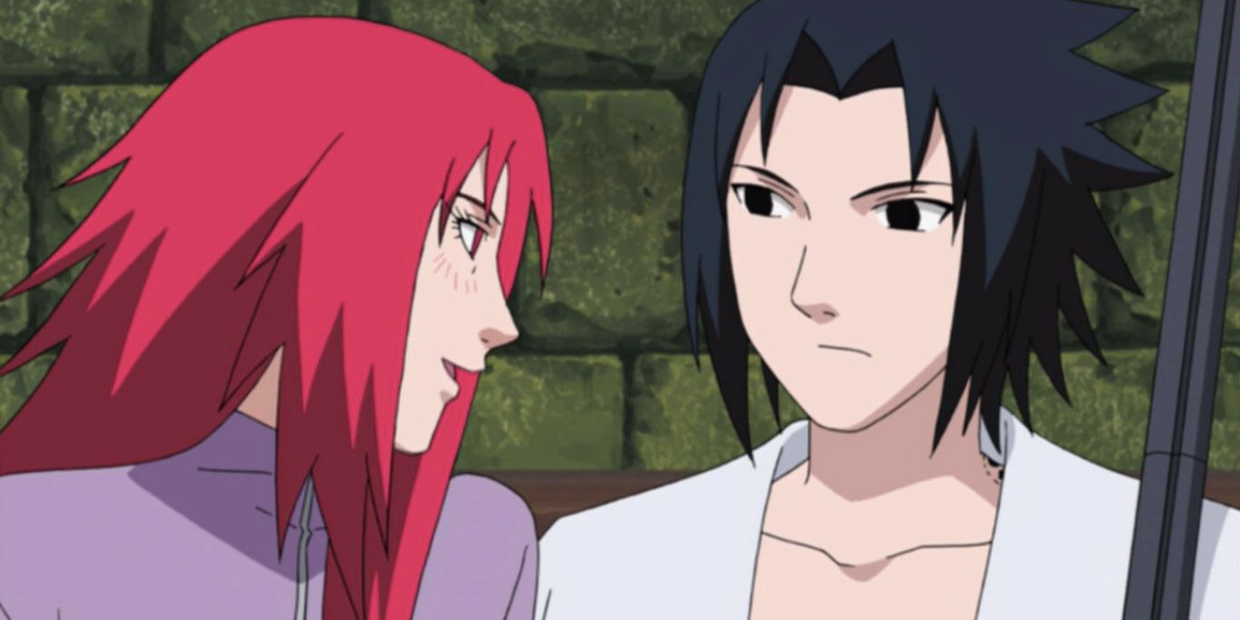 Karin blushing and smiling at Sasuke in Naruto