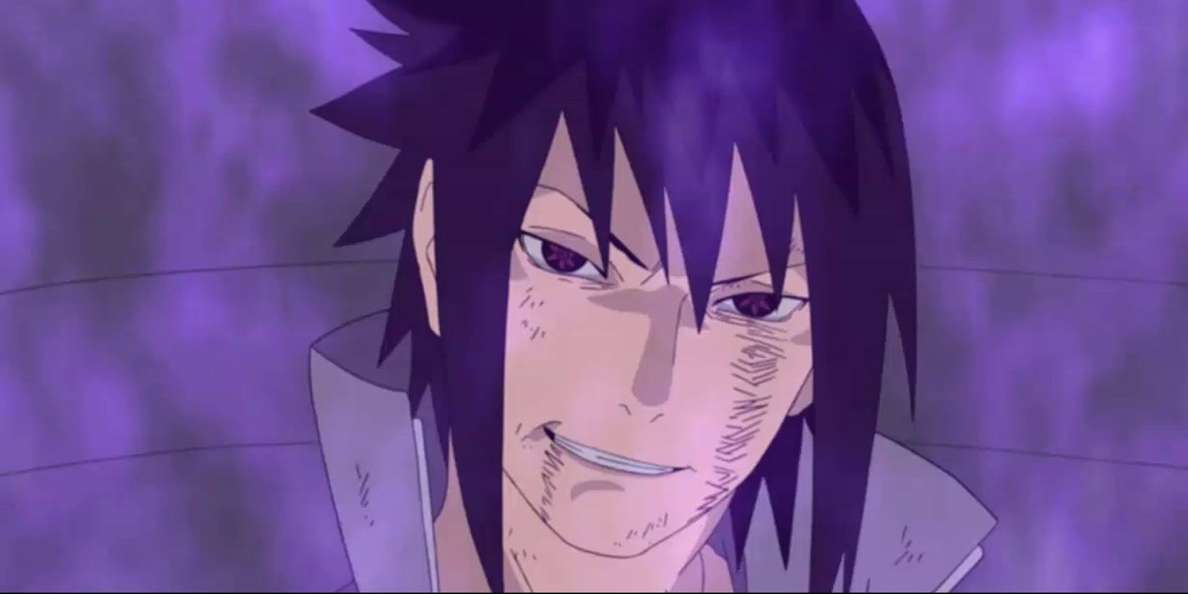 Sasuke with an evil grin in Naruto.