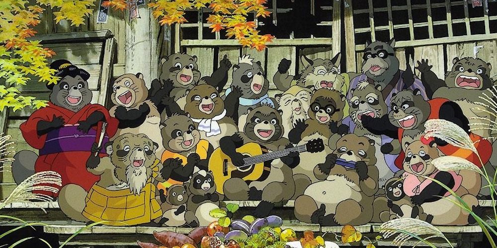 A family of tanuki play music together in Studio Ghibli's Pom Poko.