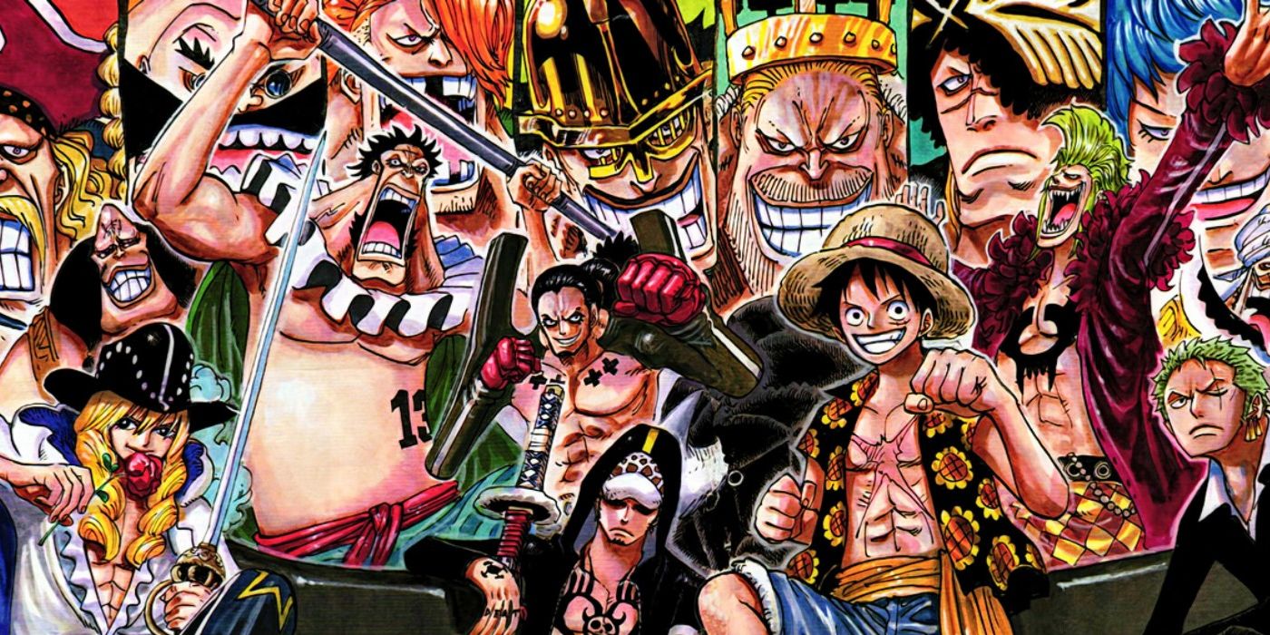 Monkey D. Luffy and various allies/members of One Piece's Straw Hat Grand Fleet colored manga art.