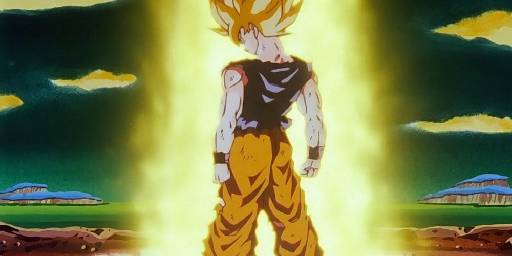 Goku experiences his Super Saiyan transformation with a yellow aura around him