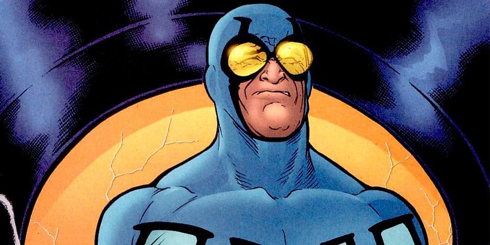 Ted Kord as the Blue Beetle grimacing in DC Comics.