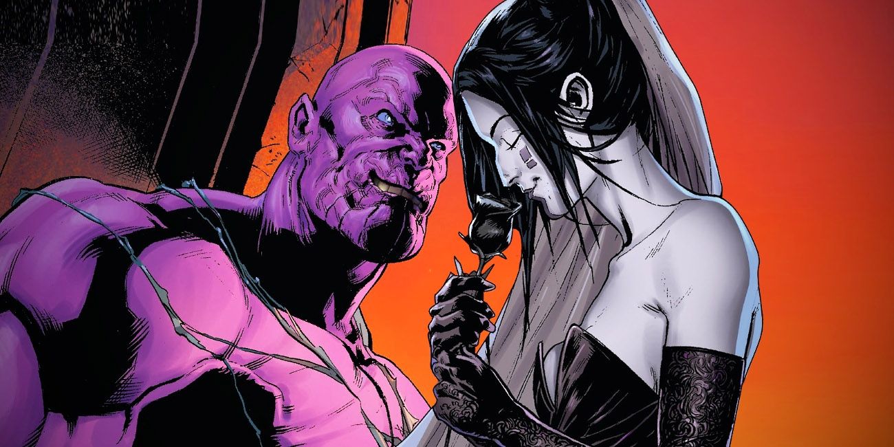 Thanos giving a black rose to the female form of Death