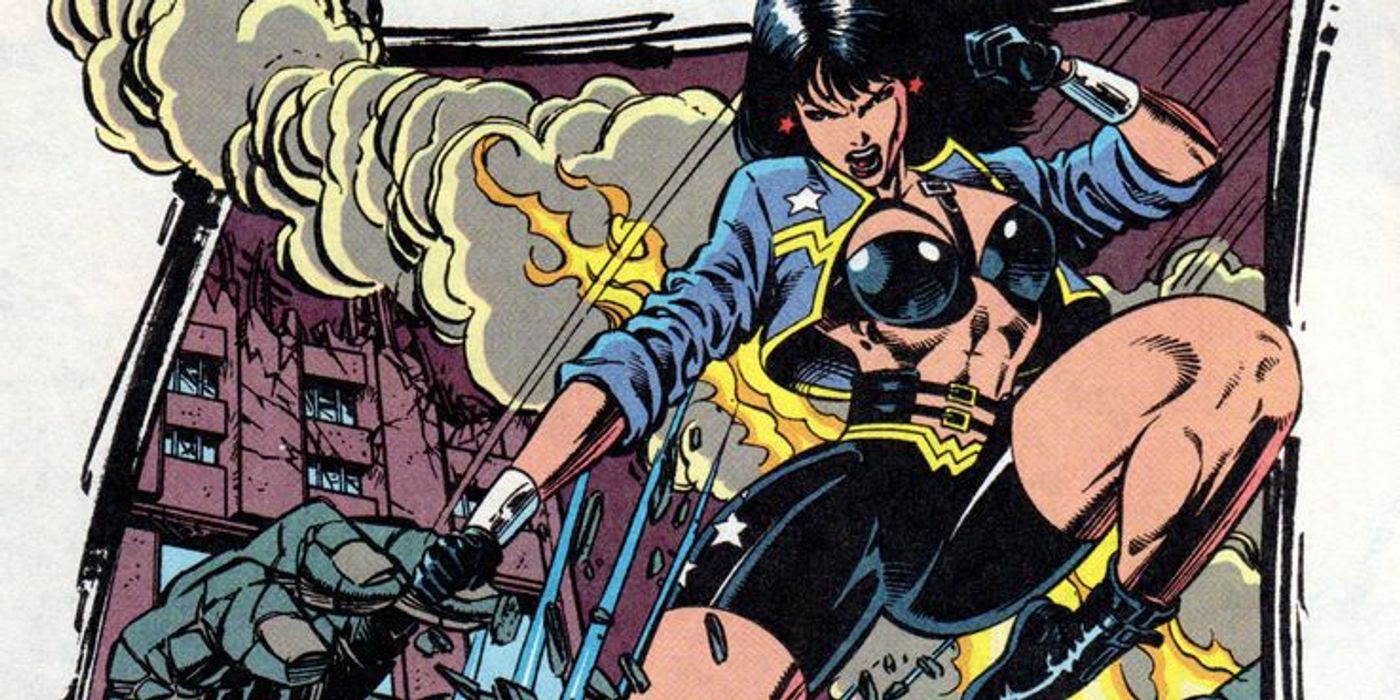 Wonder Woman heading into battle wearing her '90s costume