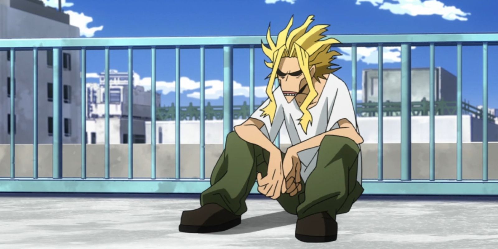 All Might sitting on a rooftop in his skinny form in My Hero Academia