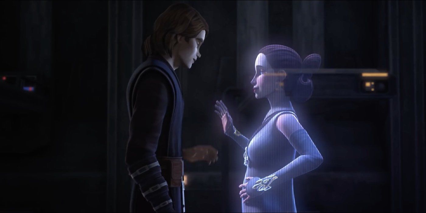 Anakin talks to Padme while at war